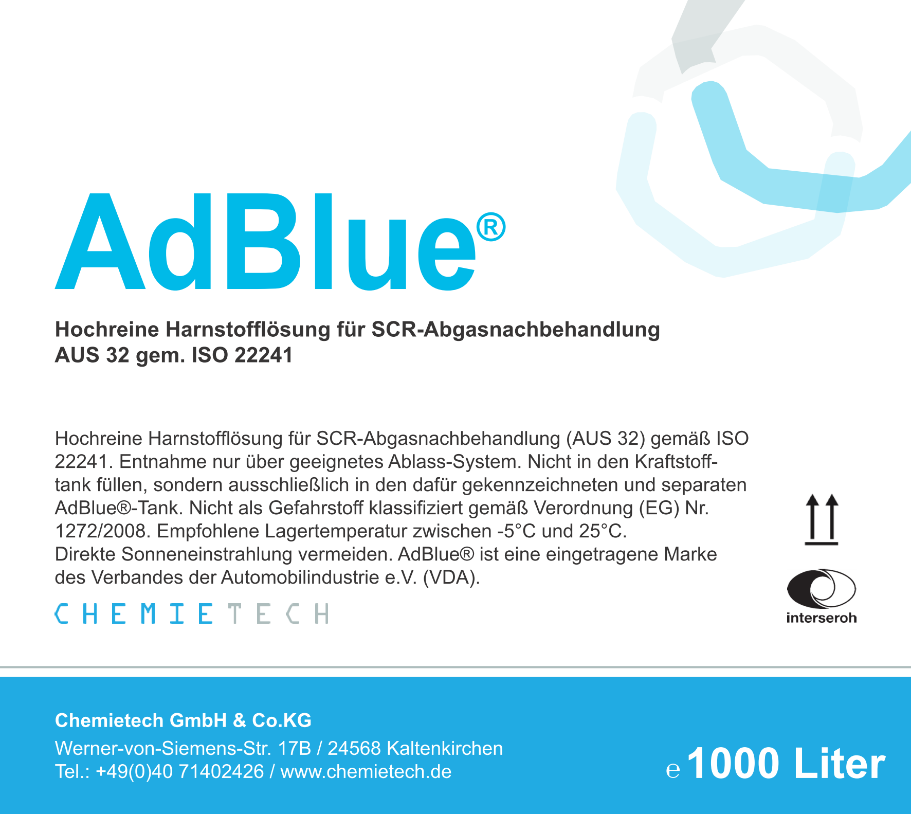 AdBlue® 1.000 Liter IBC Container Harnstofflösung gemäß ISO 22241 AdBlue® 1.000 Liter IBC Container Harnstofflösung gemäß ISO 22241